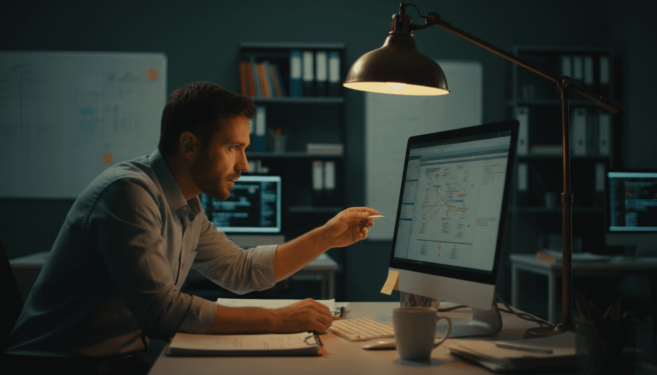 Analyst examining a financial transaction diagram on a computer screen