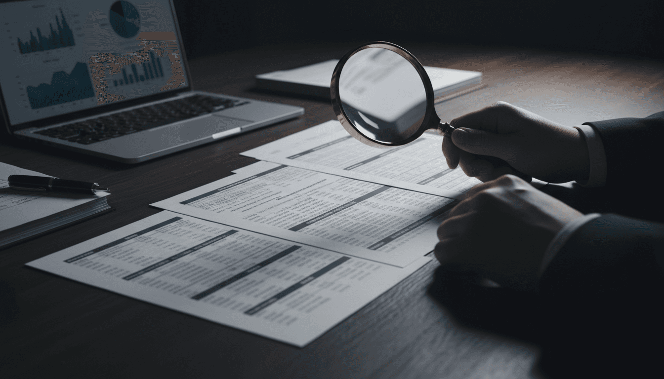 Hands reviewing financial documents with a magnifying glass on a dark desk