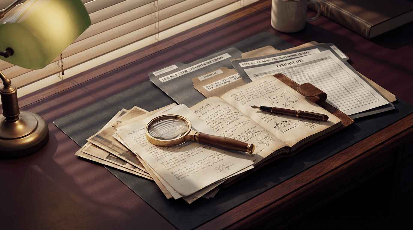 Investigator's desk with financial documents, magnifying glass, and laptop showing spreadsheets