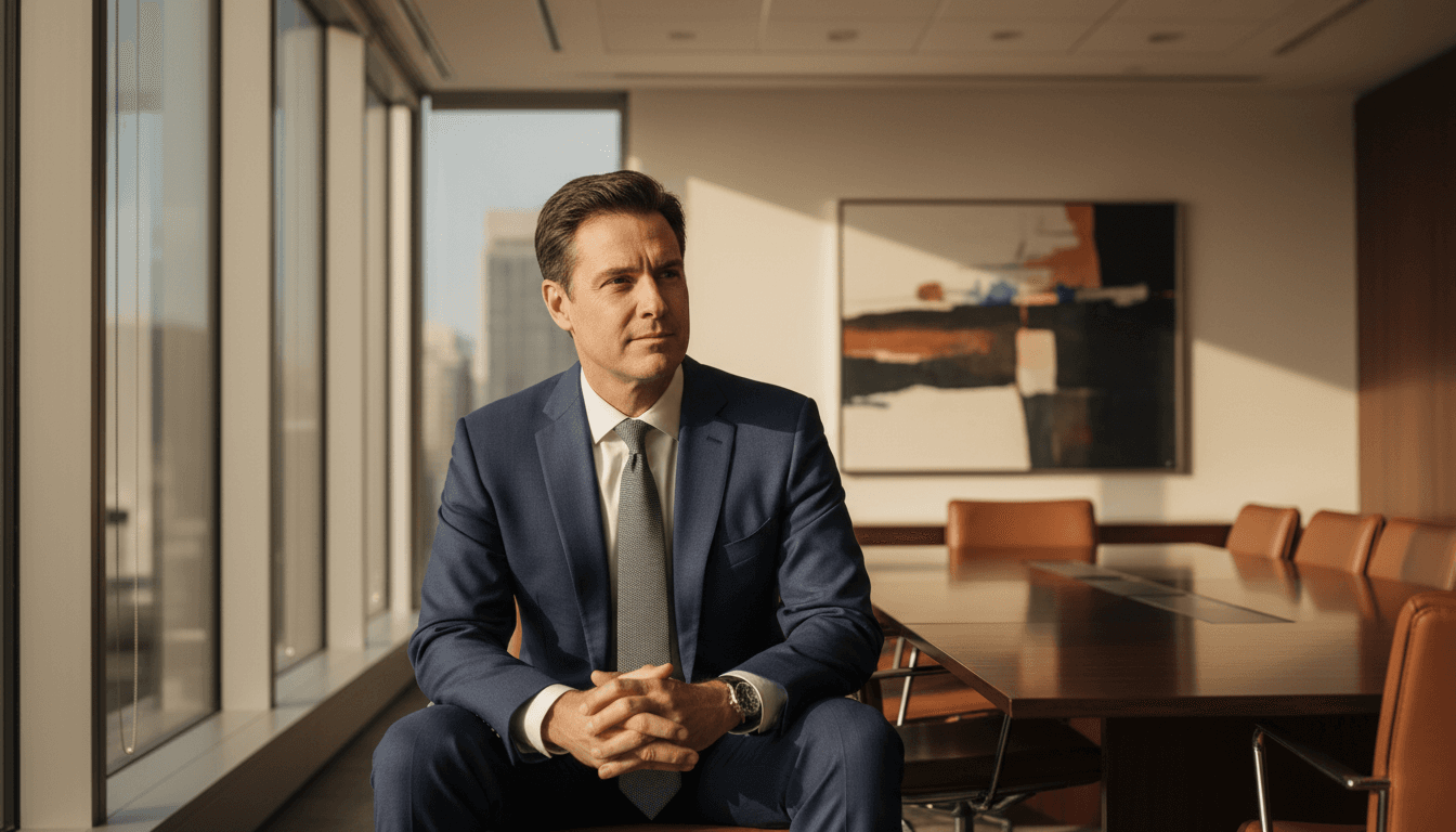 Portrait of Nathan Brooks, white man in his forties, short brown hair, navy suit, conference-room lighting, editorial headshot