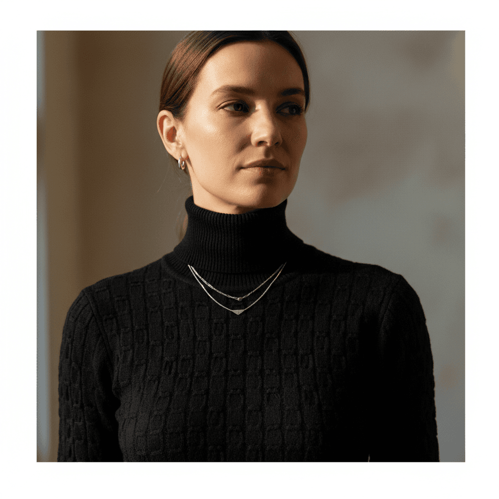 Portrait of Camille Dubois, French woman in her fifties, dark hair, black turtleneck, gallery lighting, editorial headshot