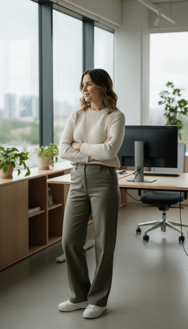 Portrait of Priya Menon, a South Asian woman in her forties with dark hair pulled back, wearing a charcoal blazer against a quiet office backdrop, natural window light, editorial headshot