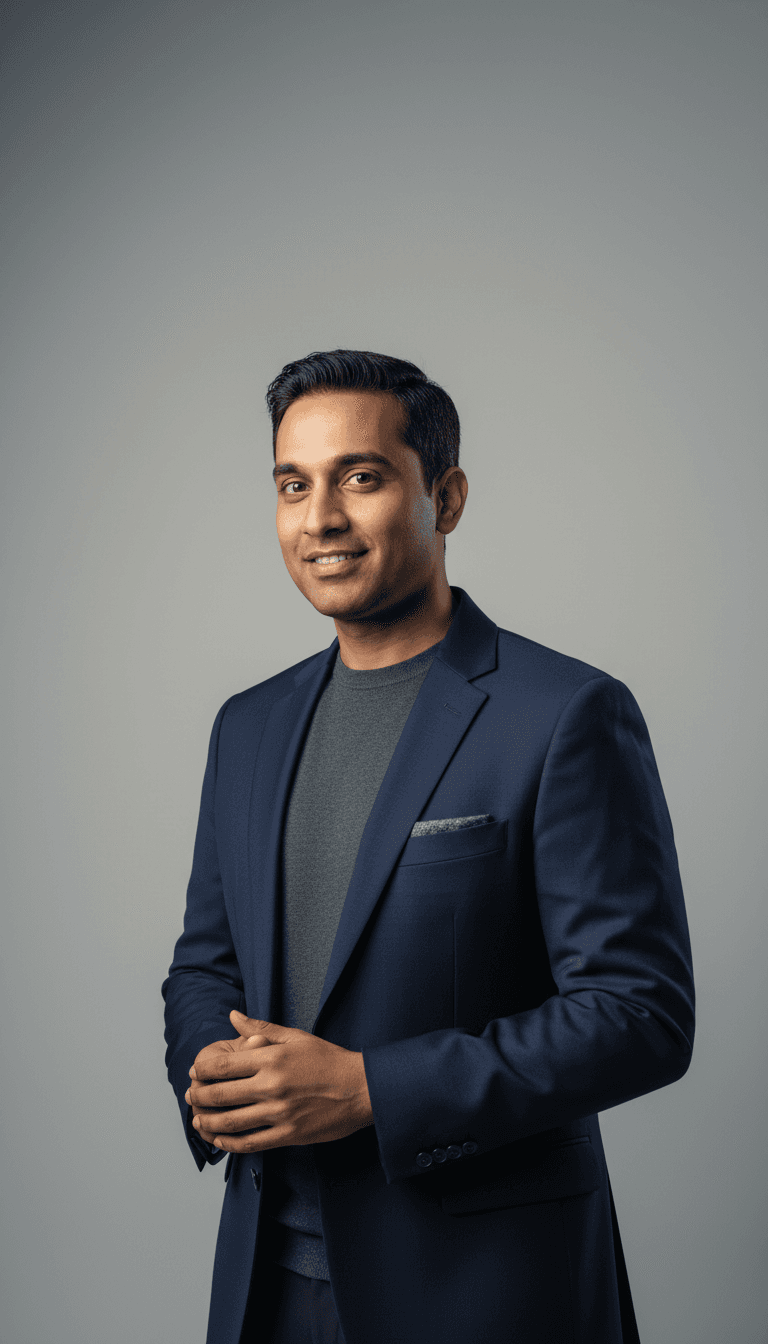 Portrait of Kwame Boateng, Black man in his thirties, navy knit, studio gray background, professional headshot