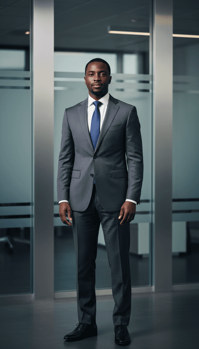 Portrait of Oliver Grant, white man in his forties with beard, charcoal suit, muted office backdrop, professional headshot