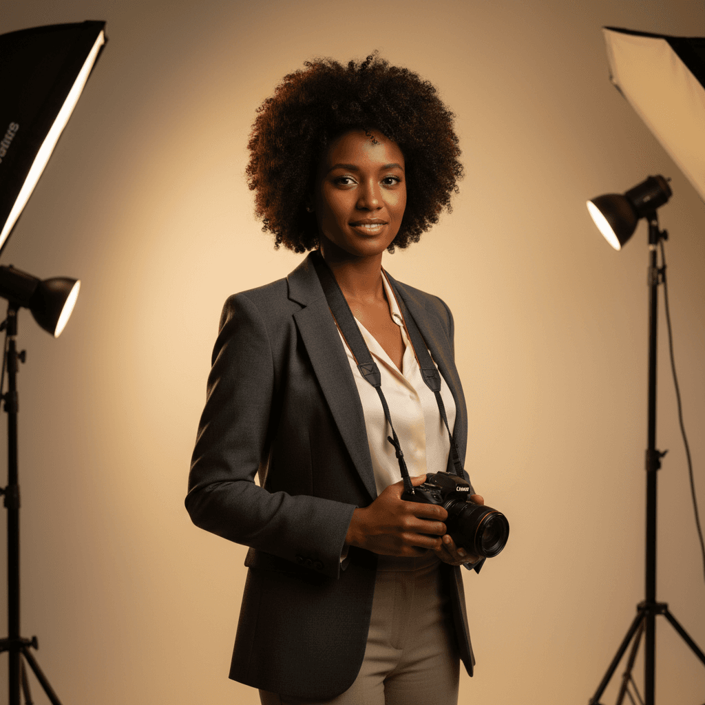 Portrait of Elena Petrova, Eastern European woman in her forties, brown hair, black blazer, studio lighting, editorial headshot
