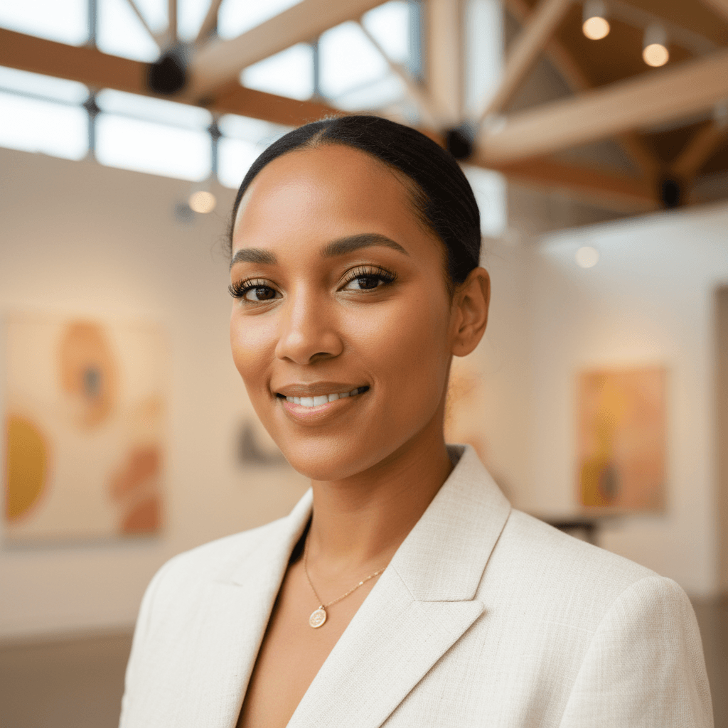Portrait of Aisha Rahman, South Asian woman in her thirties, dark hair, olive blazer, soft studio light, professional headshot